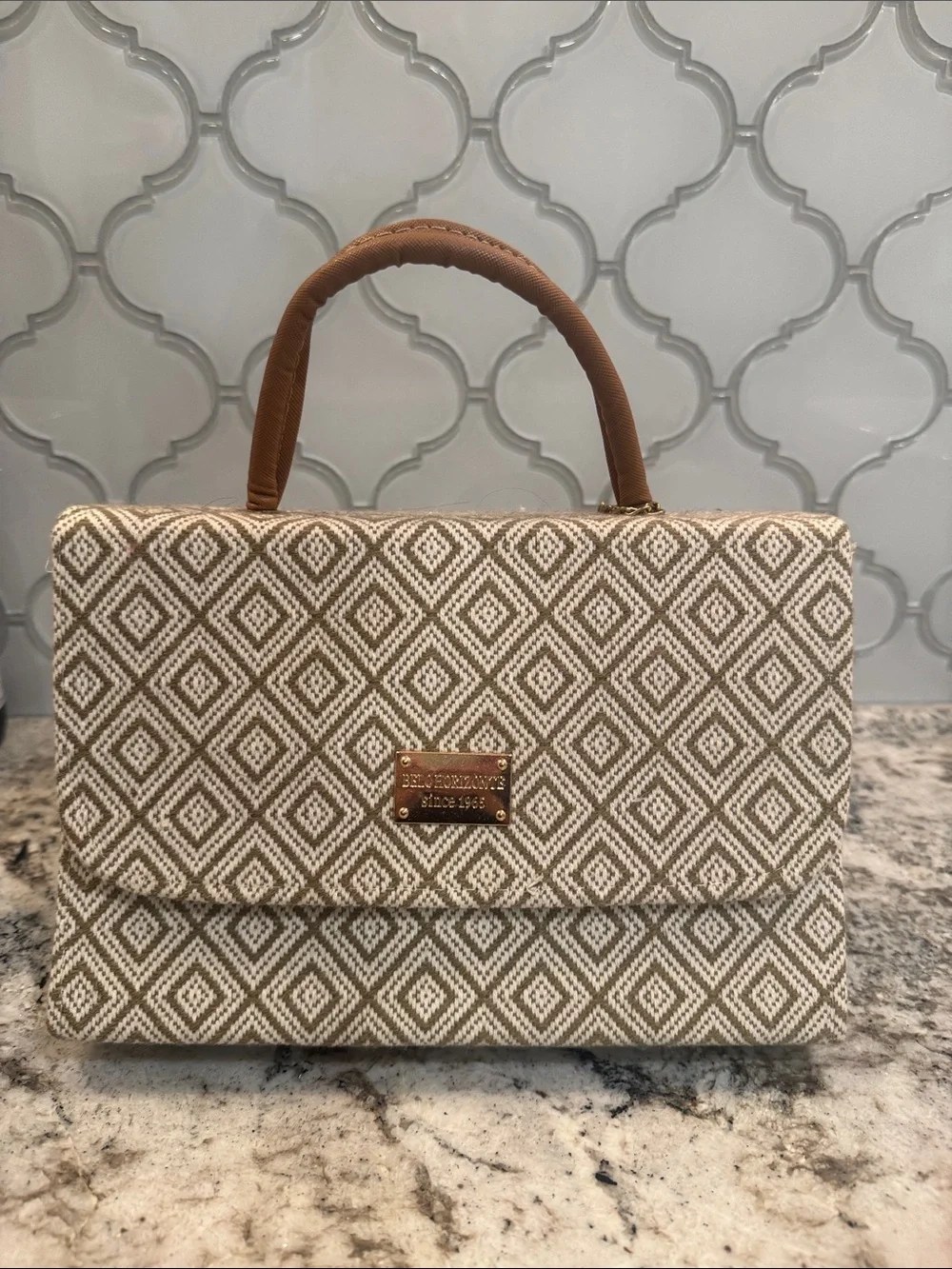 Cream and Tan Diamond-Pattern Satchel